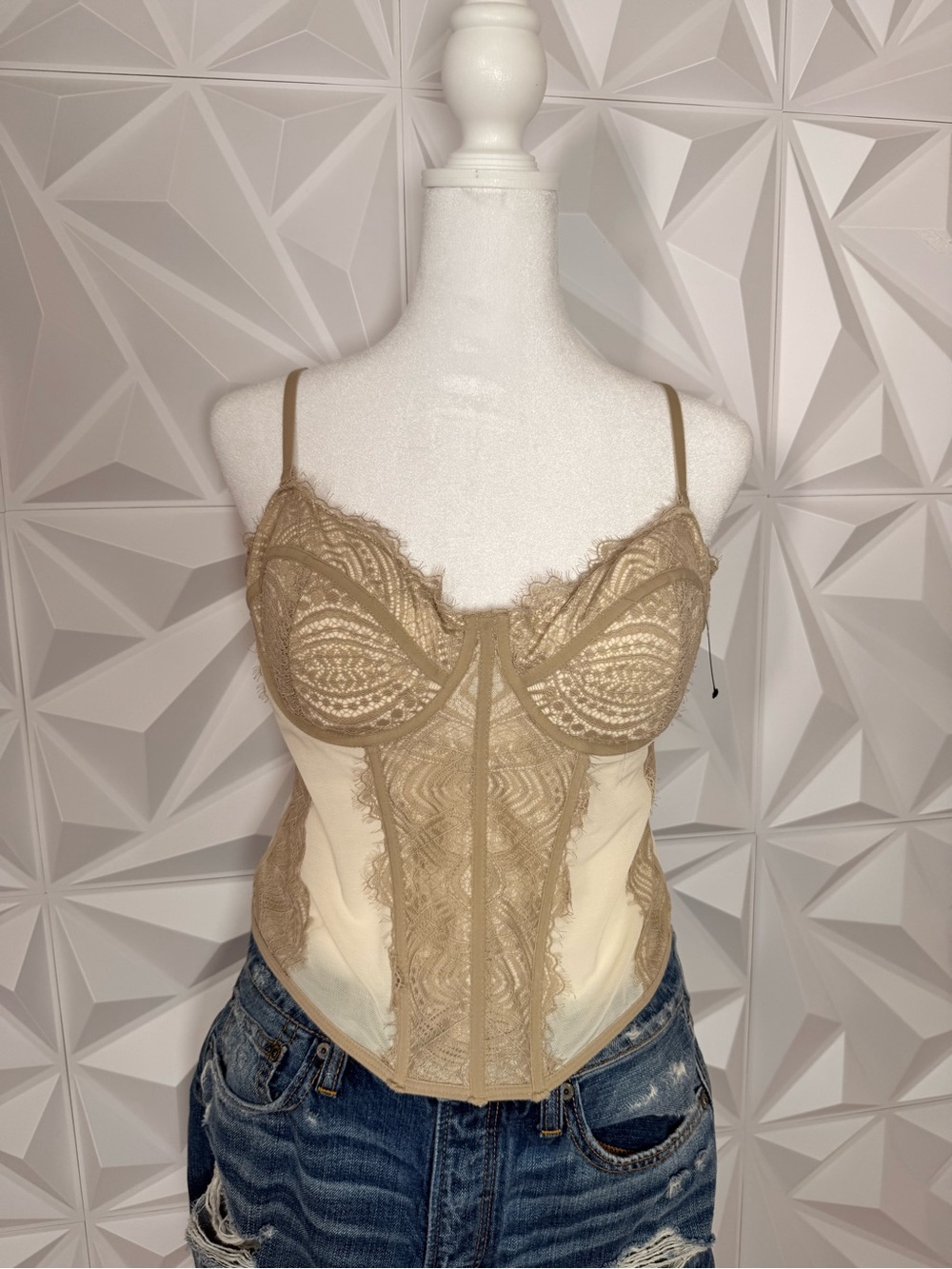 Garage Beige and Cream Lace Bustier Top